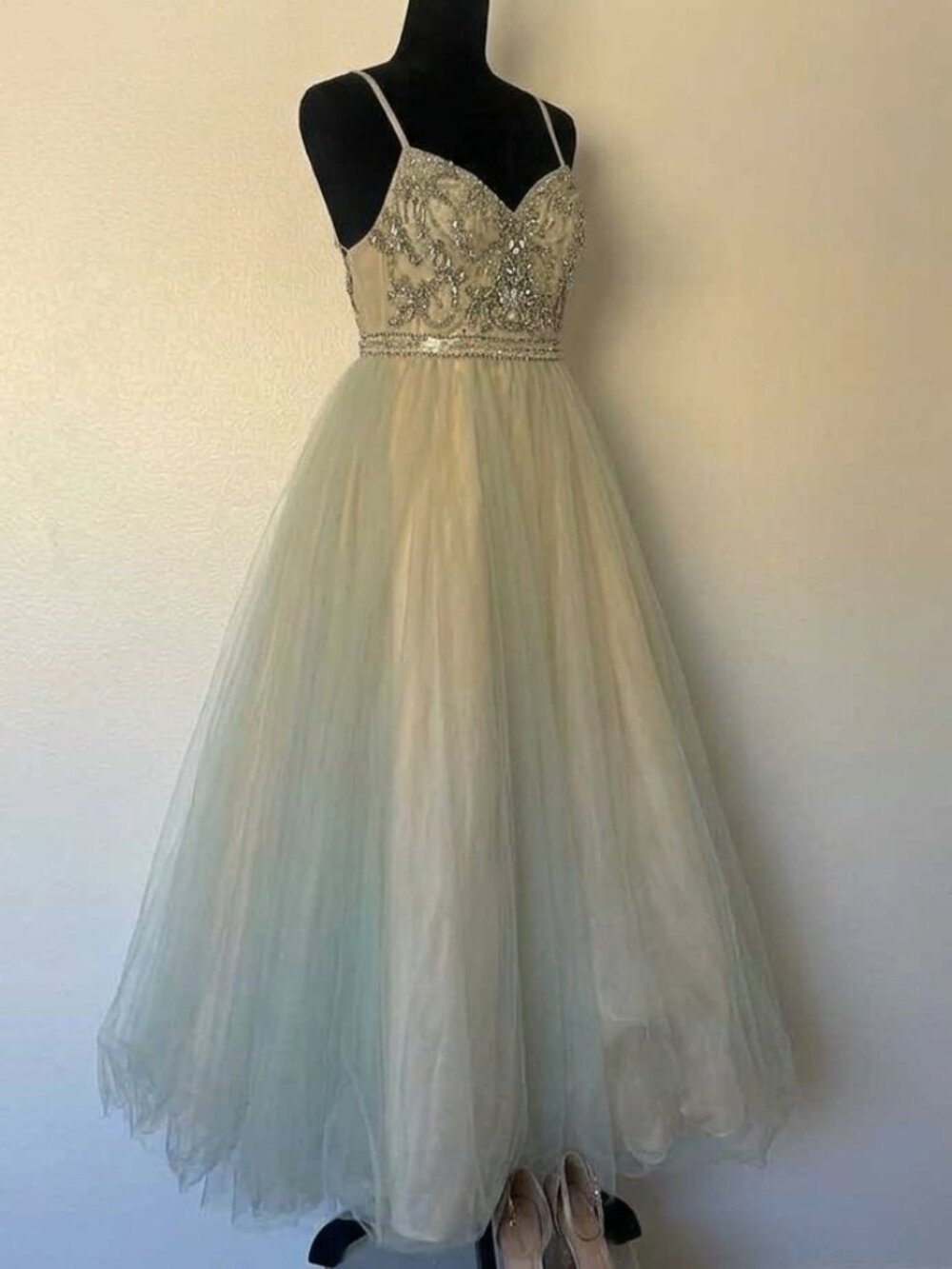 Say Yes To The Prom Seafoam Green Beaded Tulle Ball Gown Dress 1/2 XS
